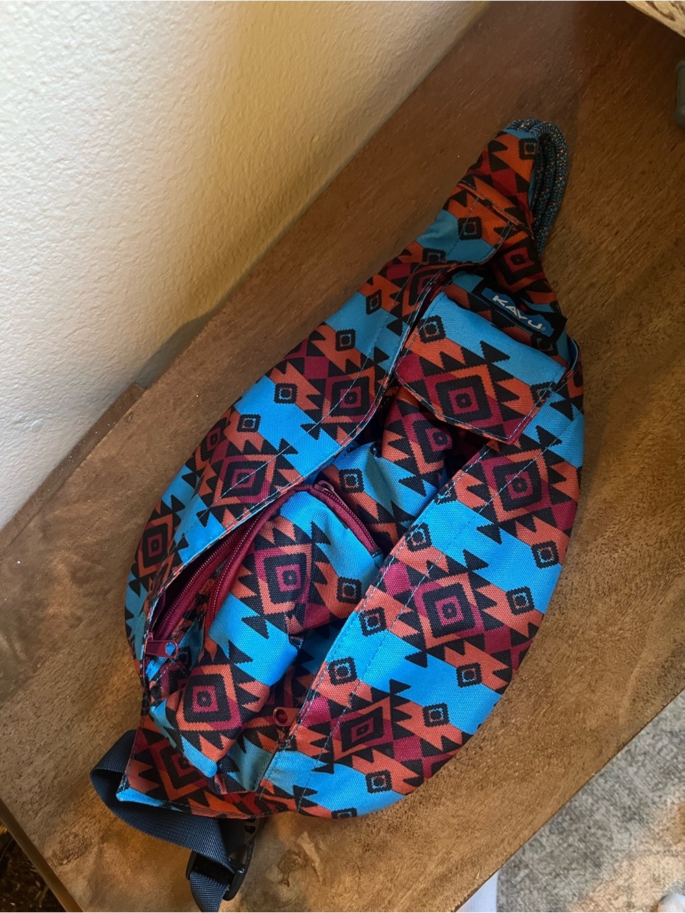Kavu Aztec Sling Bag in Turquoise and Rust Red